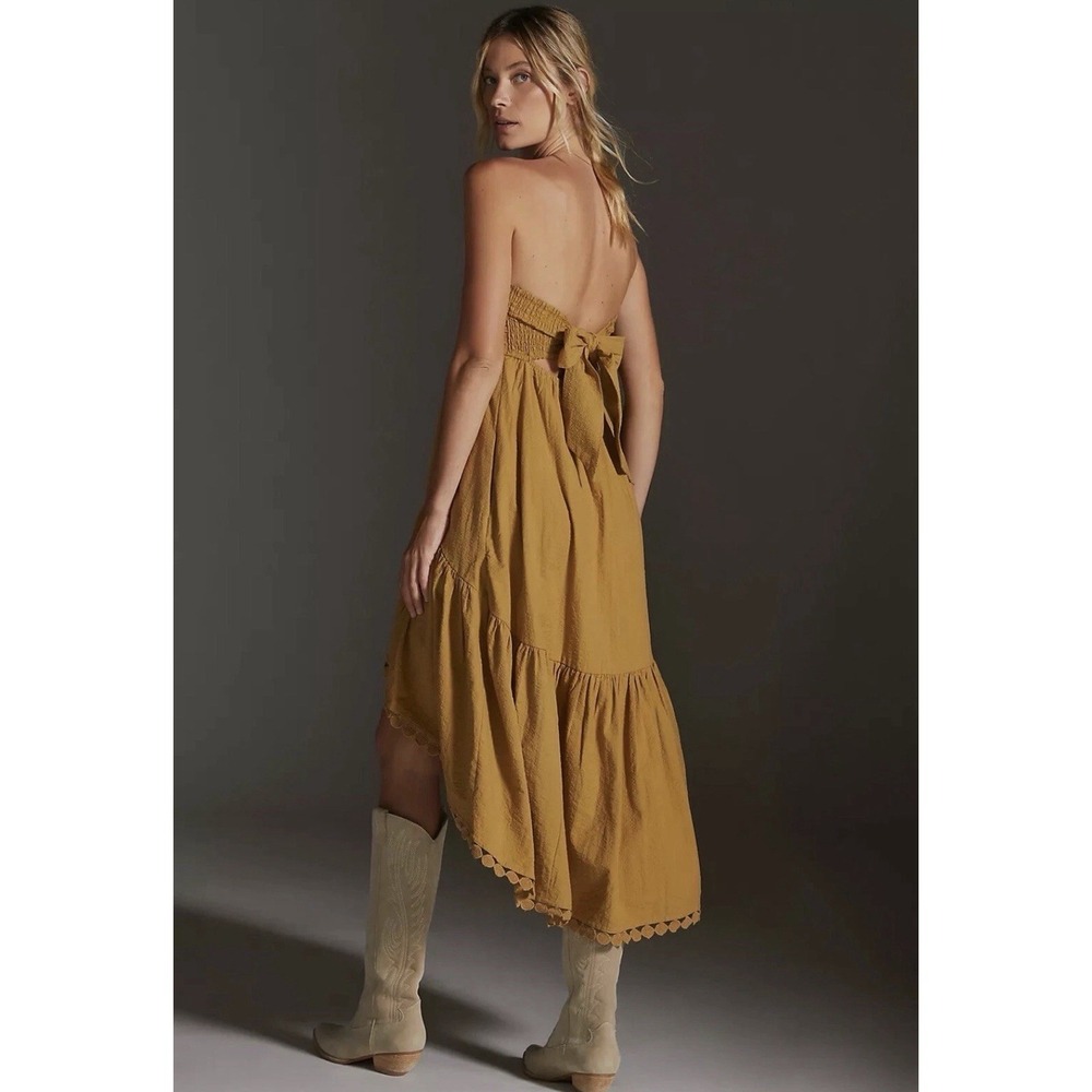 Anthropologie Maeve High-Low Strapless Size Small Gold Mustard Midi Dress
